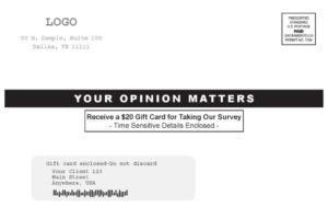 Black and white single fold gift card survey offer - Snap Pack Mail Black and white single fold gift card survey offer